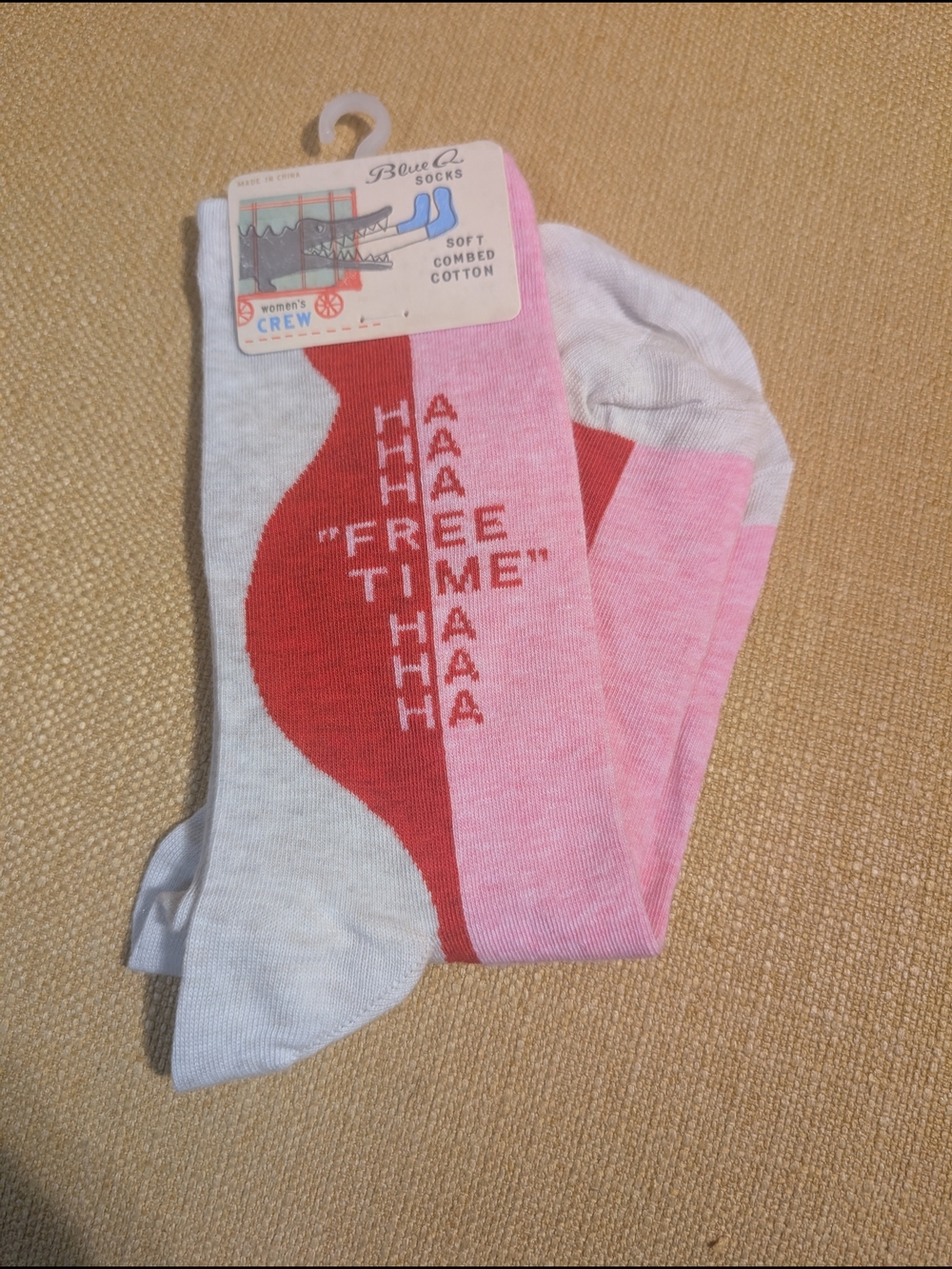 Blue Q Pink, Gray & Red Crew Socks - Soft Cotton "Free Time" Design NWT